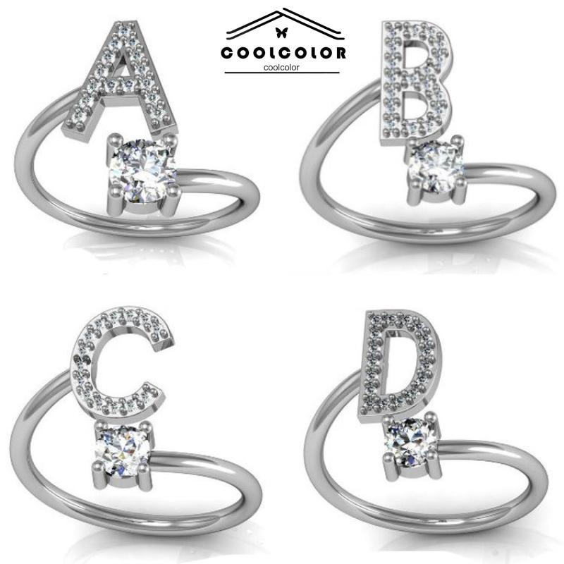COD❤️Cincin Model Terbuka Desain 26 Huruf Bahan Alloy Aksen Berlian Imitasi Untuk Wanita- cl