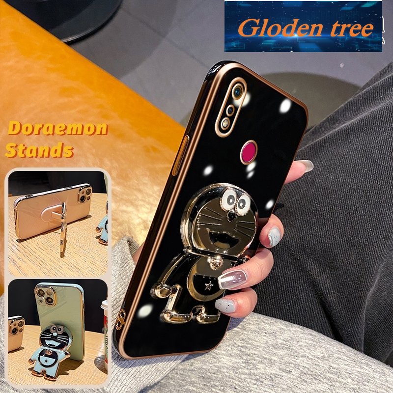 Gloden tree Casing Untuk Realme 3 Pro 3i X Lite Case Fashion Kartun Doraemon Lipat Stand Phone Case Electroplating Shockproof Phone Holder Case
