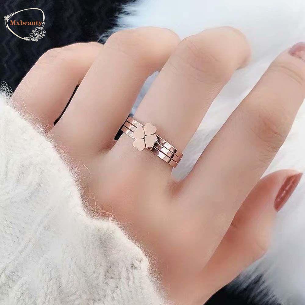 Mxbeauty Cincin Semanggi Empat Daun Elegan Vintage Hati Cinta Hati Warna Rose Gold Peach Heart Women Rings