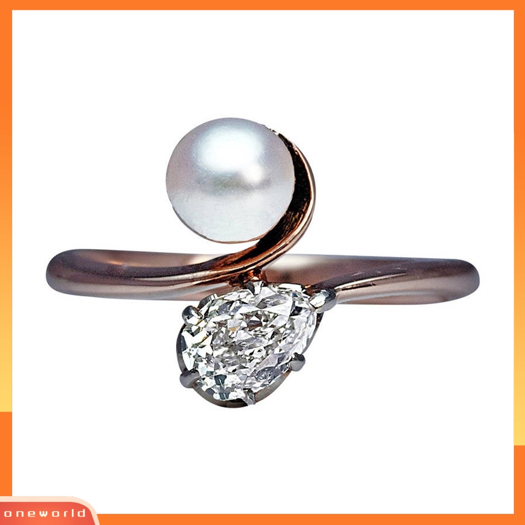 [EONE] Menawan Kulit-Menyentuh Cincin Lady Tembaga Faux Pearl Cubic Zirconia Finger Band Perhiasan Aksesori