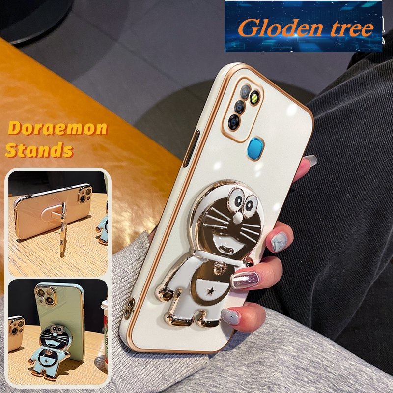Gloden tree Casing Untuk Infinix Smart5Panas10 Lite X657 X657C Case Fashion Kartun Doraemon Lipat Stand Phone Case Electroplating Shockproof Phone Holder Case