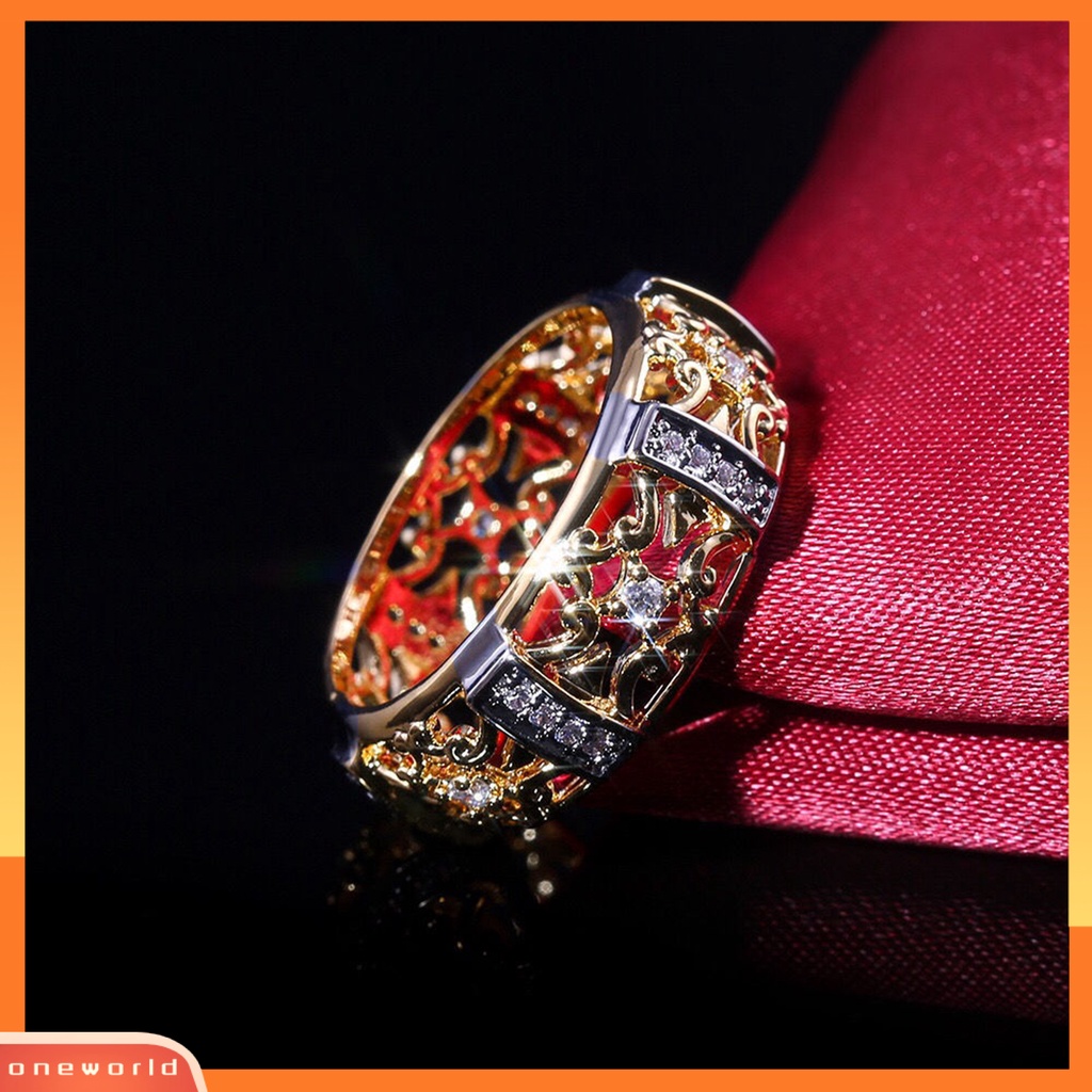 [EONE] Wanita Cincin Gaya Vintage Berongga Ukiran Dua Warna Kuno Bling Cubic Zirconia Ladies Finger Ring Fashion Jewelry