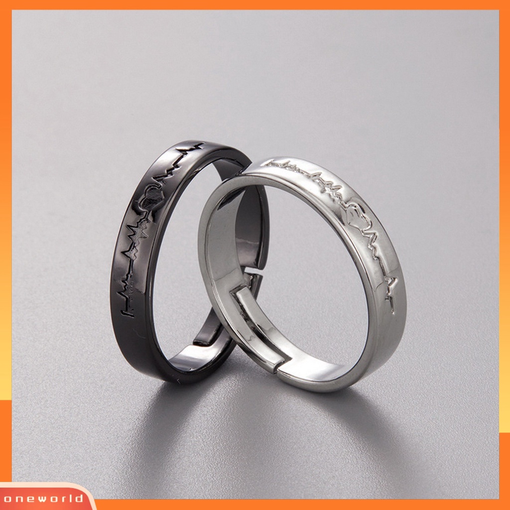 [EONE] 1pc Finger Band Detak Jantung Ukiran Kilau Terang Adjustable Electroplating Polishing Menghias Permukaan Halus Romantis Hitam Putih Cincin Pasangan Aksesori Pernikahan