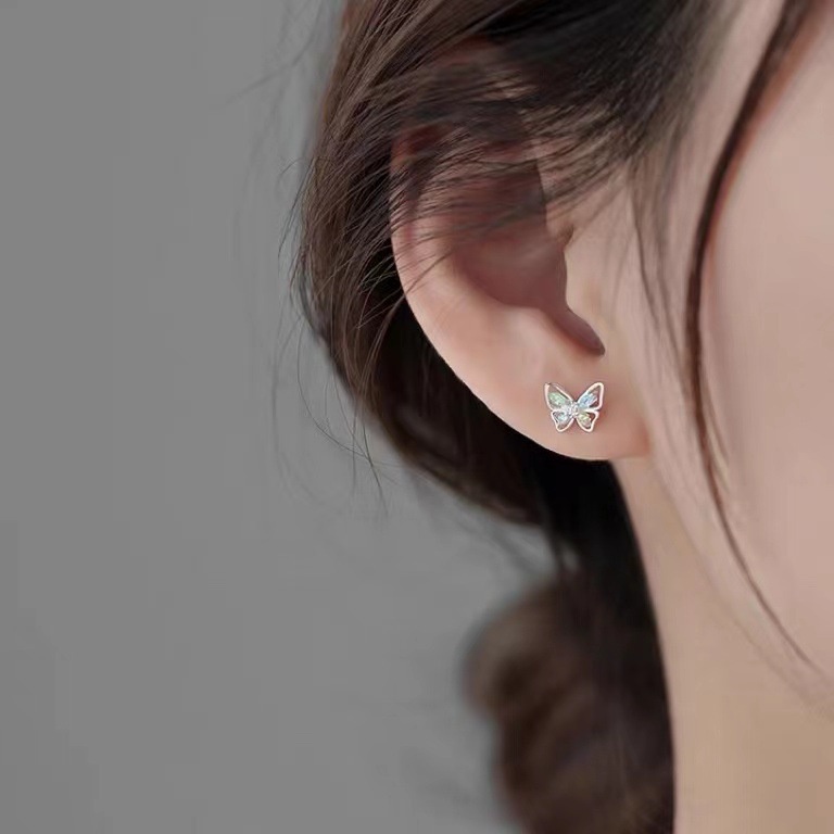 Anting Kupu-Kupu Kristal Warna-Warni Untuk Wanita Silver Stud Earring Perhiasan Aksesoris