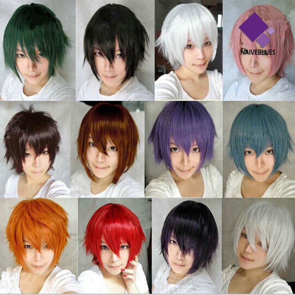 &lt; Naiveblues &gt; Pria Wanita Multi-Warna Pendek Lurus Sopak Penuh Wig Anime Pesta Cosplay