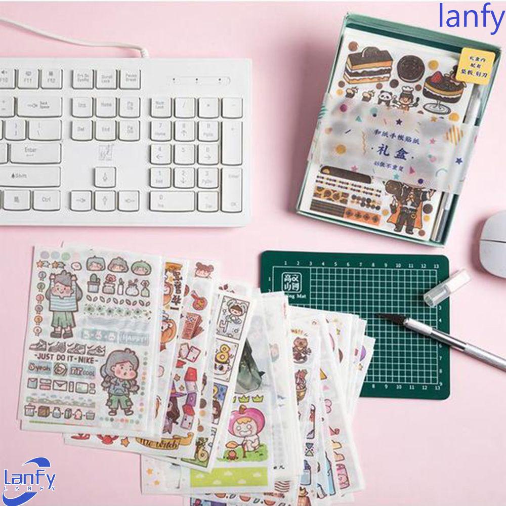 Lanfy Alat Tulis Stiker Set Kawaii 48 Pcs Dengan Graver Cutting Mat Bujo Dekorasi DIY Craft Planner Perlengkapan Sekolah Diary Scrapbooking Stickers