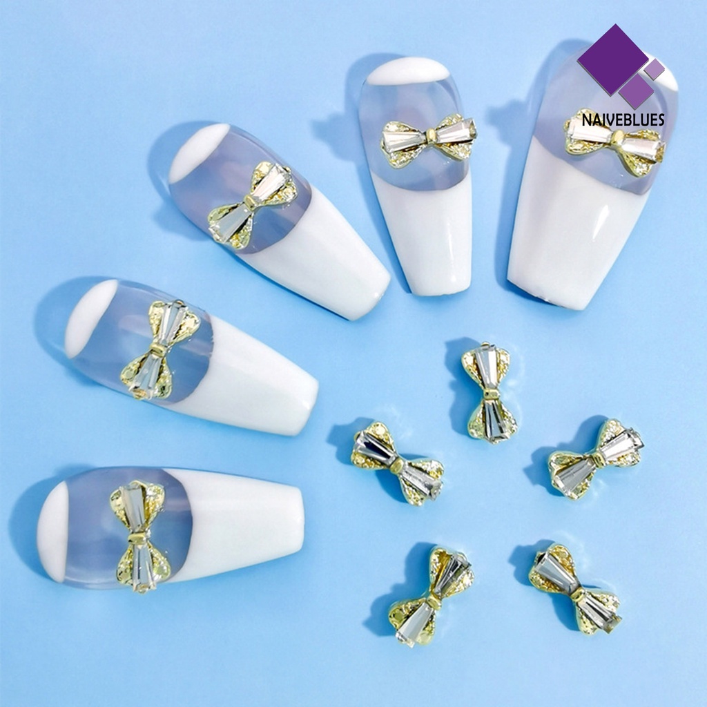 [naiveblues] 10pcs Hiasan Kuku Permukaan Mengkilap Berkilau Warna Cerah Tahan Karat Hias Alloy Bow-Knot Nail