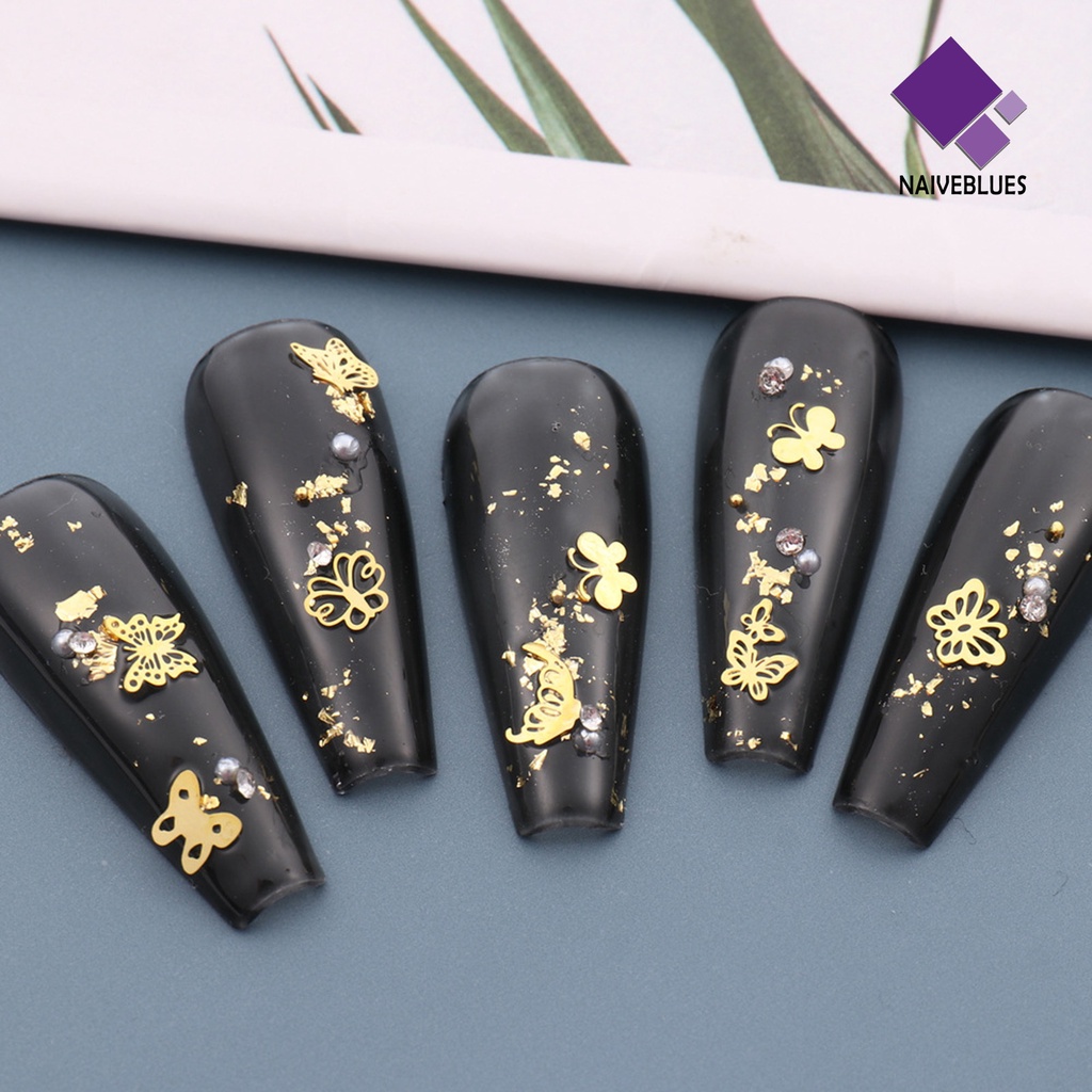 [naiveblues] 1kotak Pesona Nail Art Bersinar Berlubang Kupu-Kupu Mudah Tempel Panjang DIY Removable