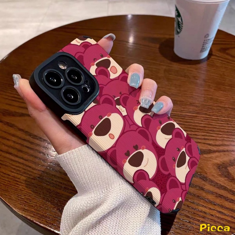 IPHONE Casing Ponsel Tekstur Kulit Mewah Kompatibel Untuk Iphone11Xr 7Plus 12 13 14 Pro Max7 8 Plus X XS MAX 7Plus Kartun Yang Indah Strawberry Bear Cute Manyo Shockproof Soft Silicon Cover