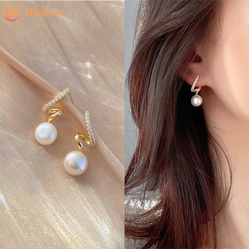 Anting Mutiara Berlian Elegan Memutar Anting Tusuk Emas Untuk Wanita Aksesoris Fashion Perhiasan