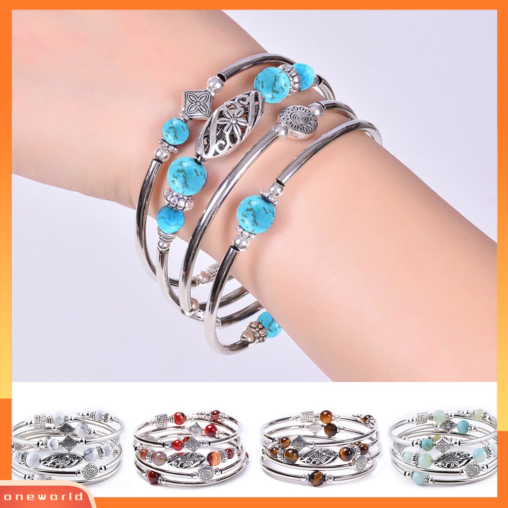 [EONE] Wanita Bangle Batu Alam Etnik Multi Layered Retro Biru Turquoise Beads Bungkus Gelang Perhiasan Aksesoris