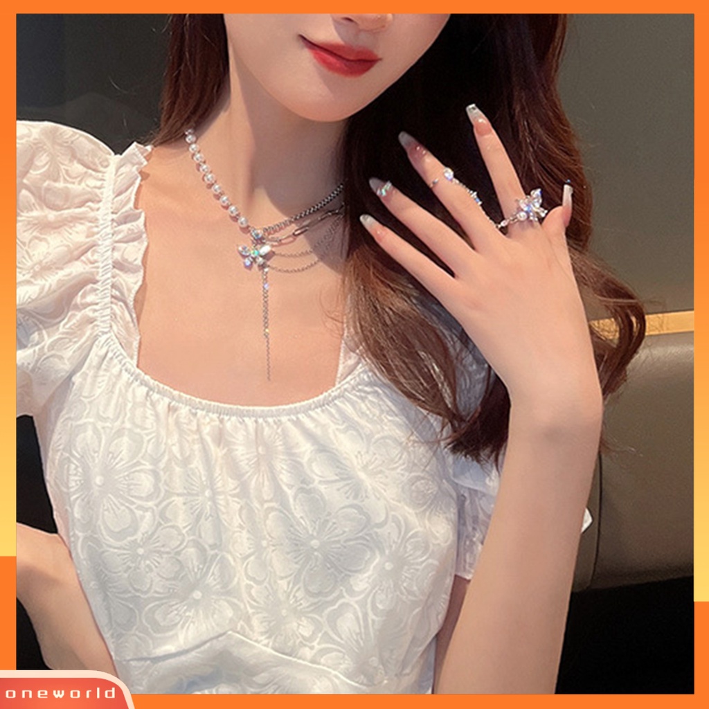 [EONE] Wanita Kalung Multi-Layer Mutiara Imitasi Link Rantai Splicing Berlian Imitasi Kupu-Kupu Jumbai Klavikula Kalung Jari Cincin Perhiasan Fashion