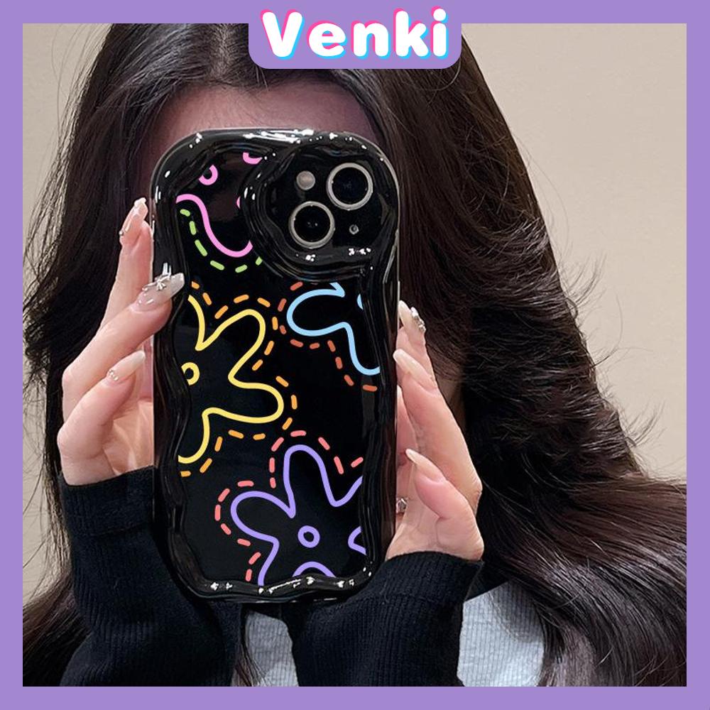 VENKI - For iPhone 11 iPhone Case 3D Curved Edge Wave Glossy Black TPU Airbag Shockproof Camera Cover colored flower Compatible with iPhone 14 13 Pro max 12 Pro Max xr xs max 7Plus