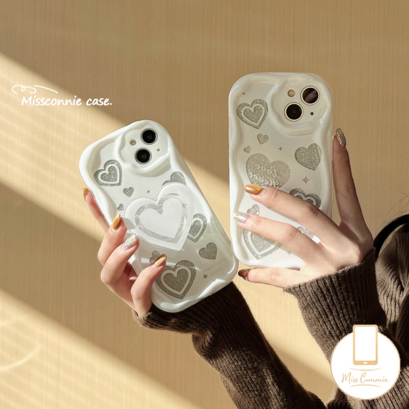 IPHONE Casing Ponsel 3D Wavy Curved Edge Glossy Kompatibel Untuk Iphone7 8 6s 6 Plus11 12 13 14 Pro Max XR X XS Max SE 2020 White Shiny Love Heart Shockproof Tpu Soft Cover