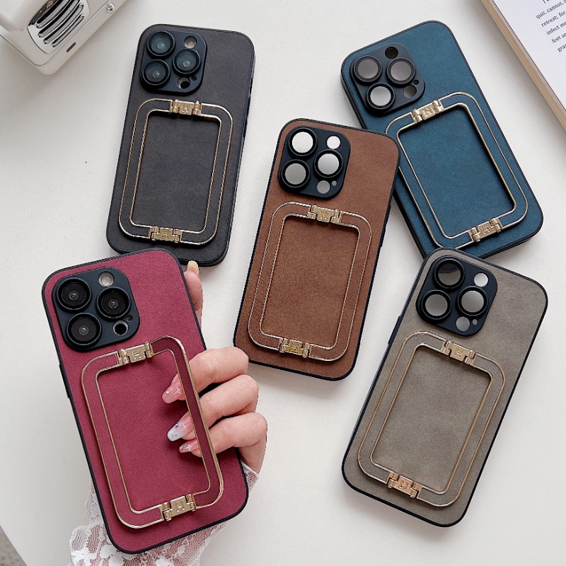 IPHONE Soft Casing Bracket Kulit Imitasi Vintage Cocok Untuk Iphone14 13 12 11 Pro Max 14Plus Full Lensa Anti Jatuh Protection Case