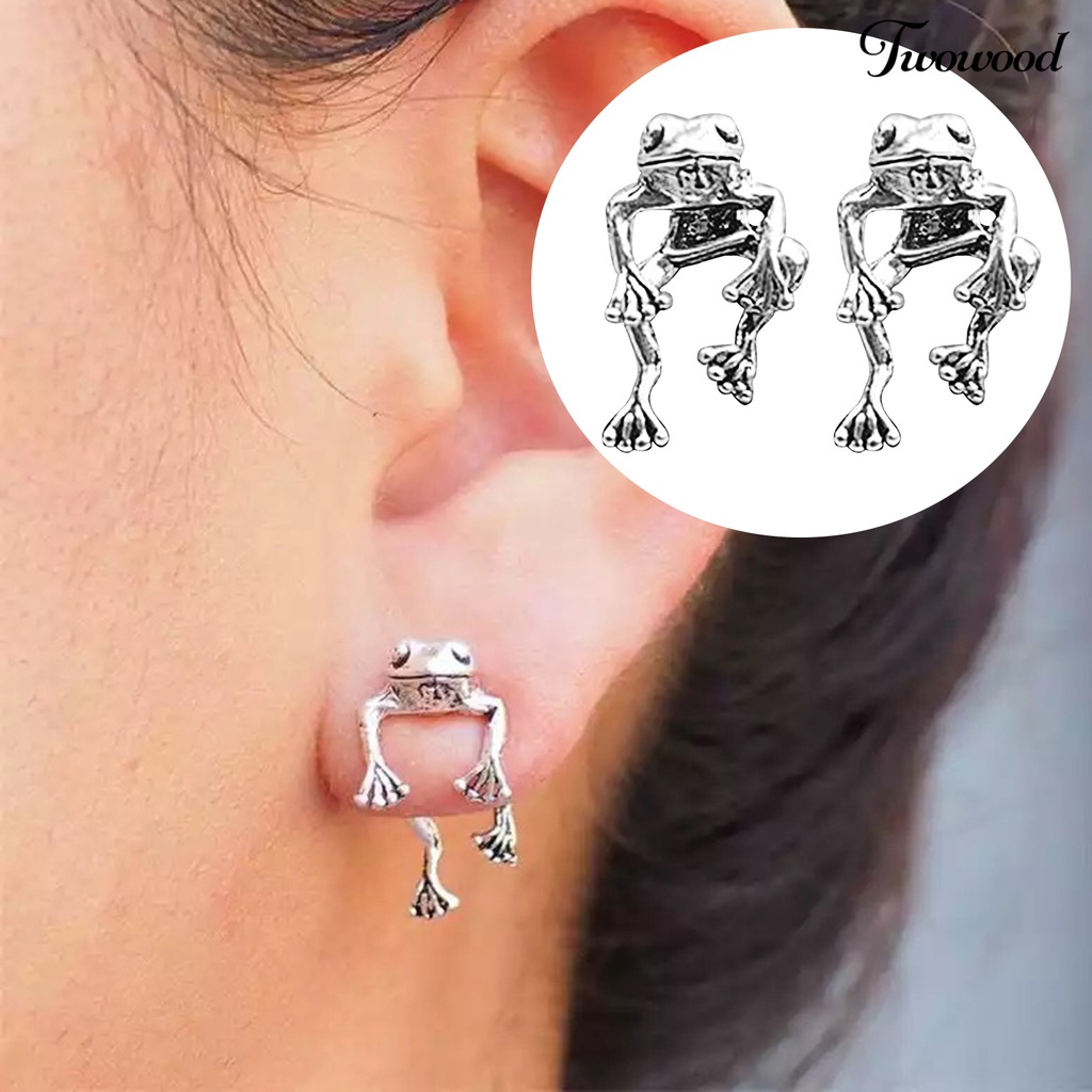 Twowood 1pasang Gaya Etnik Kerajinan Tangan Halus Bahan Alloy Lucu Bentuk Kodok Piercing Ear Studs Earrings Untuk Pesta