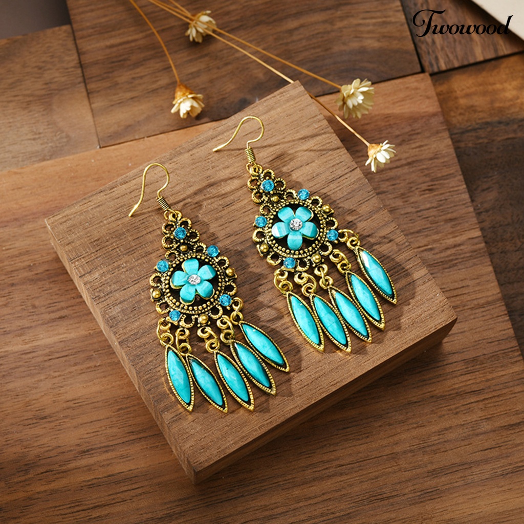 Twowood 1pasang Anting Wanita Bentuk Bunga Rumbai Berlian Imitasi Mengkilap Drop Earrings Untuk Prom