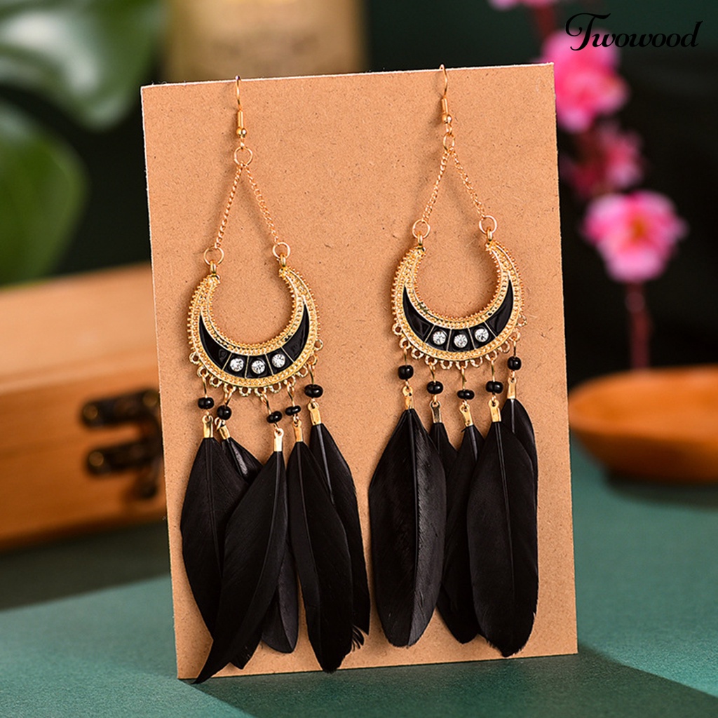 Twowood 1pasang Lady Drop Anting Gaya Bohemia Etnik Bulu Sintetis Indah Lady Boho Menjuntai Anting Prom Perhiasan