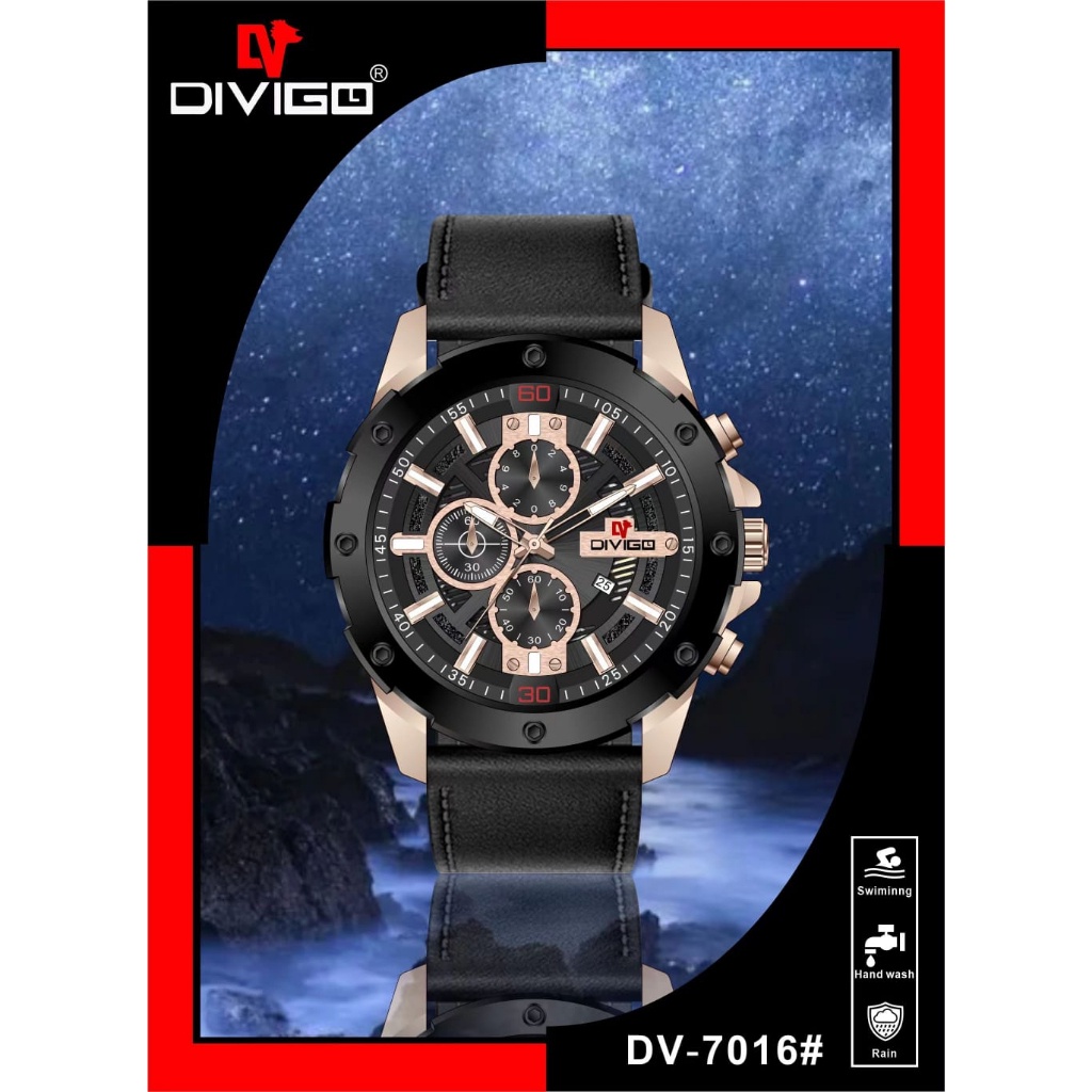 COD Jam tangan Pria Divigo DV-7016 Kulit Original Water Proof Tanggal Aktif Crono Hiasan