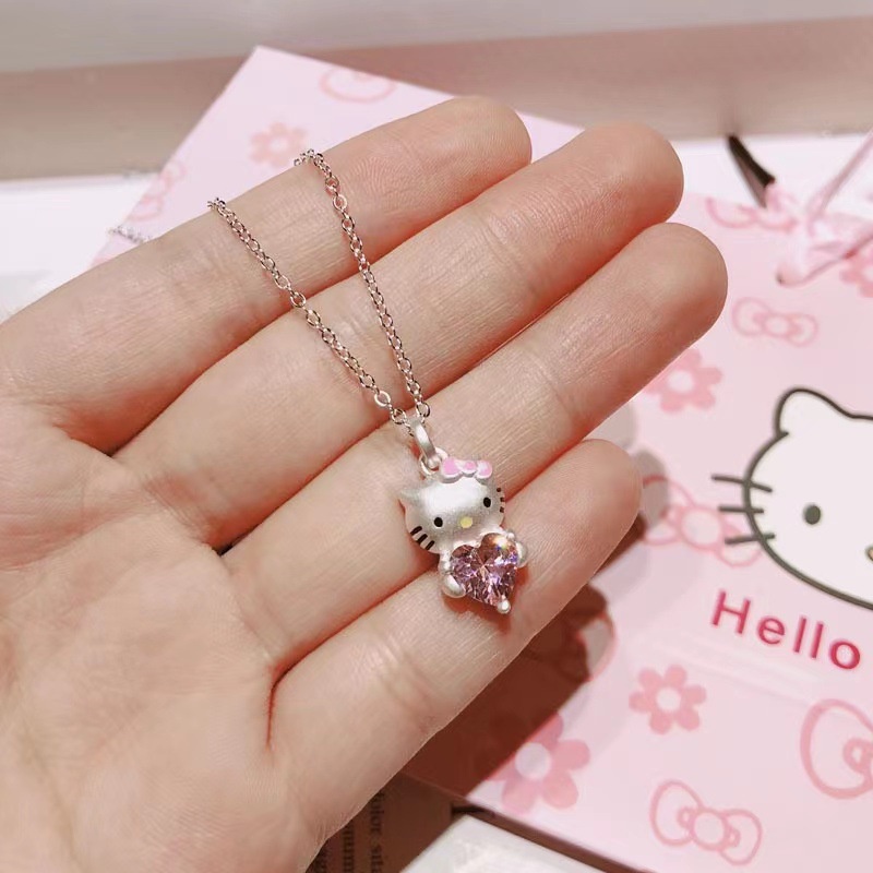 Kalung Geometris Kartun Kristal Alloy Hati Kucing Untuk Anak Perempuan