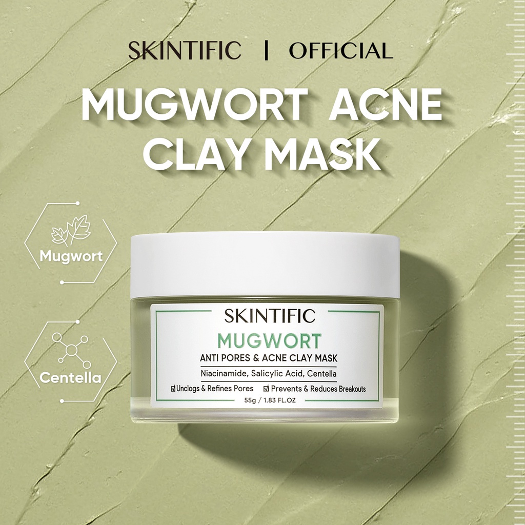 SKINTIFIC Mugwort Acne Clay Mask Jerawat Masker Wajah Masker &amp; Wajah Bubuk Scrub Lulur Badan &amp; Blackhead Remove