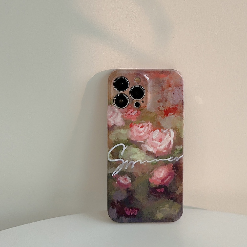 IPHONE Lukisan Minyak Vintage Mawar Musim Panas Tebal 1.5mm Glossy PC Phone Hard Film Tidak Luntur Cover Pelindung Untuk Iphone7 8 PLUS X XR XS 11 12 13 14 PRO MAX SE 2020