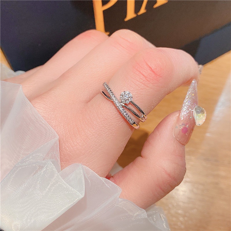 Sederhana Elegan Wanita Perak Baja Titanium Zirkon Berlian Kristal Cincin Kawin Aksesoris Fashion