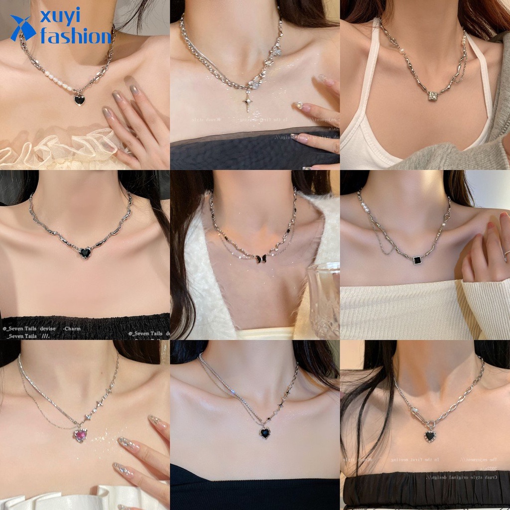 Y2k Busur Kristal Kalung Hitam Hati Zirkon Liontin Multilayer Kalung Untuk Wanita Fashion Perhiasan Aksesoris