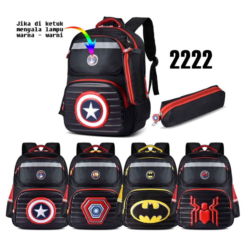 (RF) Tas Anak Laki Laki SD Cartoon 2222 Sekolah Import Premium Kualitas Gambar Karakter Superhero Timbul Lampu Motif Batman,Captain America,Iron Man, Spiderman