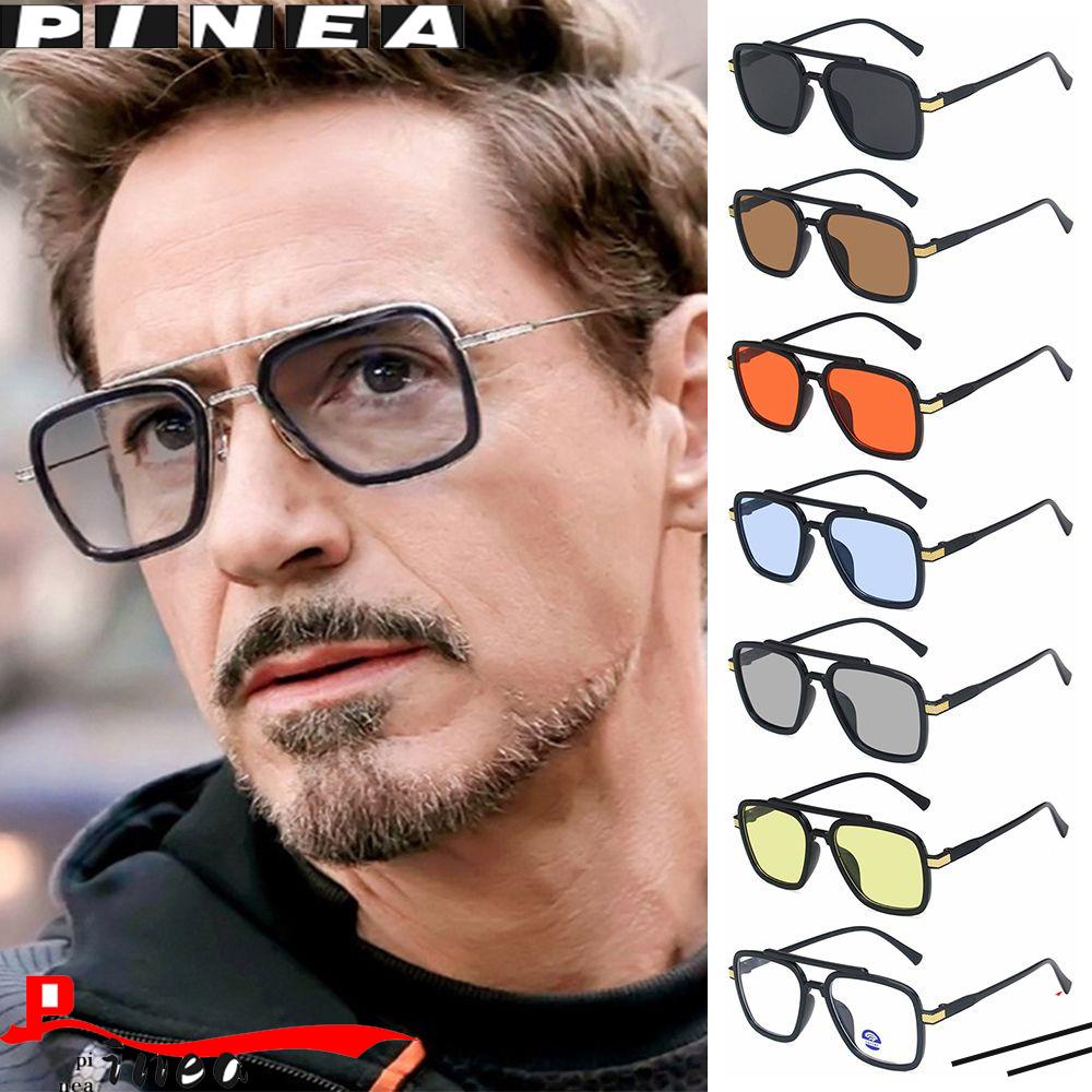 Nanas Tony Stark Kacamata Hitam Bingkai Logam Mewah Kacamata Matahari Spider-Man Persegi