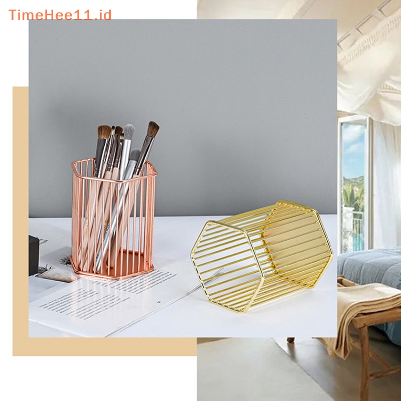 Timehee Desktop Tempat Pulpen Kantor Sekolah Tempat Penyimpanan Logam Emas Rose Gold Kotak Meja Pulpen Pensil Organizer Dekorasi Rumah Makeup Storage ID