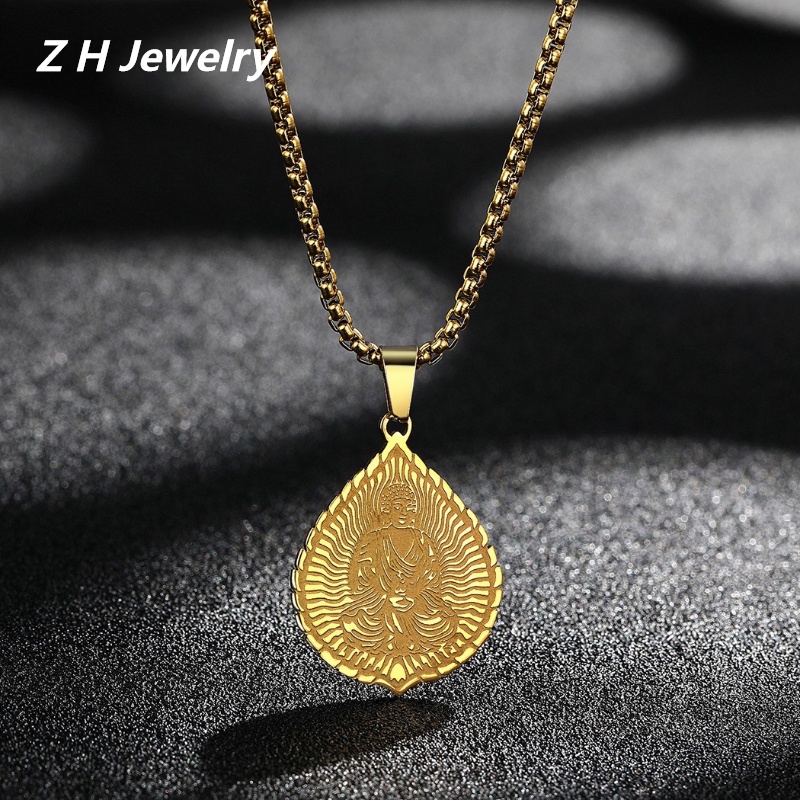 Z H Perhiasan Stainless Steel Patung Buddha Yoga Lotus Liontin Lapis Emas 18K Pria Dan Wanita Jimat Kalung Pesta Rock Punk Aksesoris Fashion Budha Hadiah