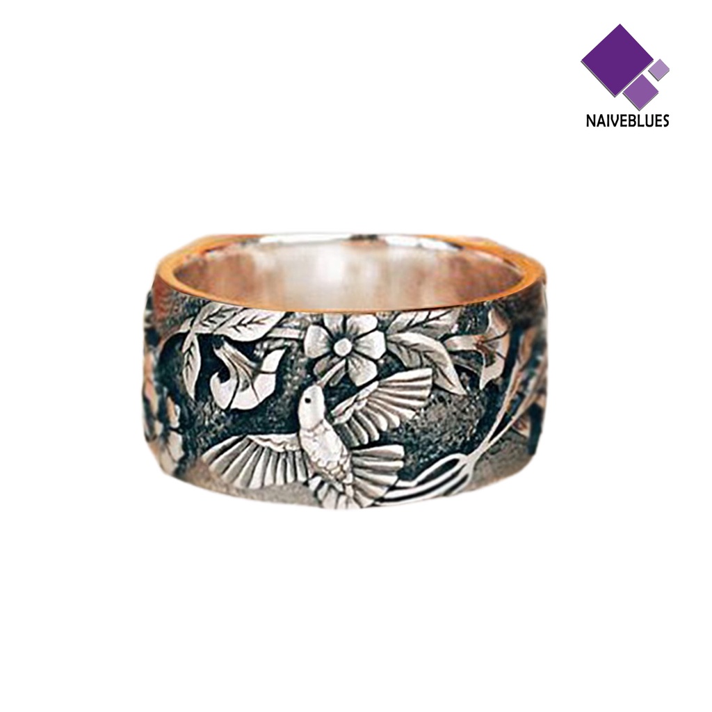 &lt; Naiveblues &gt; Cincin Unisex Pola Bunga Burung Retro Warna Alloy Lebar Hop Jari Aksesori Perhiasan