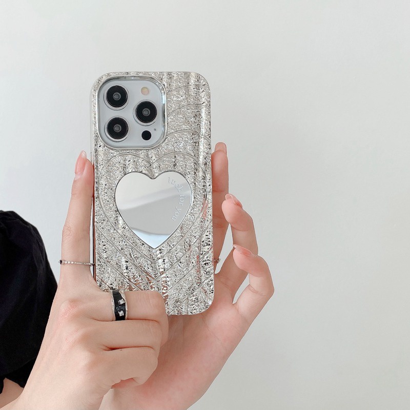 [Love Mirror] Fashion Pretty Make up Mirror Silicone Case Untuk iPhone XR XS Max11 12 13 14 Pro Max Phone Case Untuk Wanita Gadis Hadiah Silver Ungu