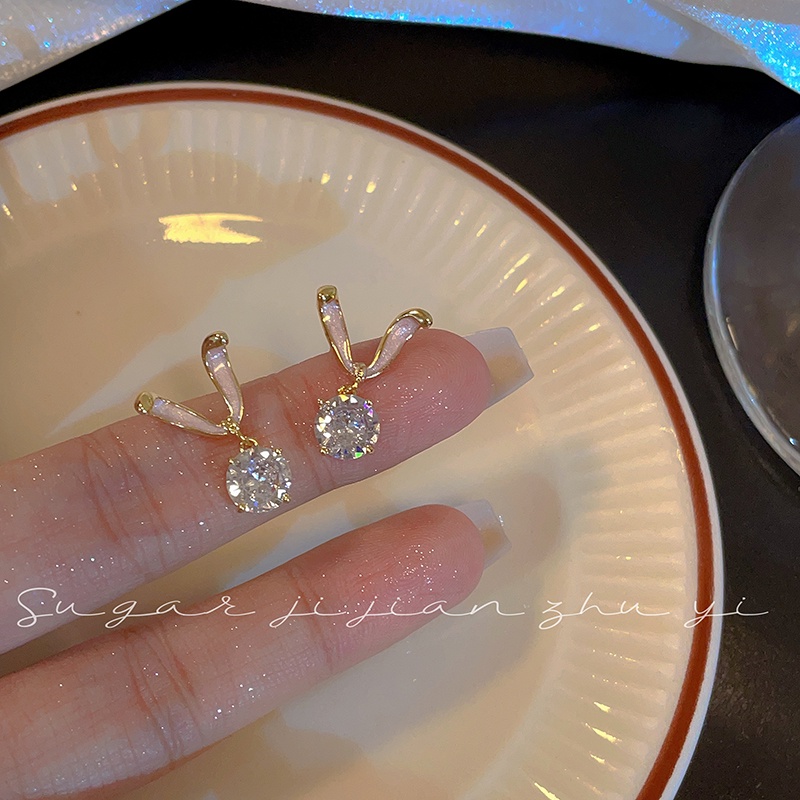 Anting Zirkon Kelinci Manis Berkilau Bling Menjuntai Pendant Ear Studs Untuk Gadis Manis