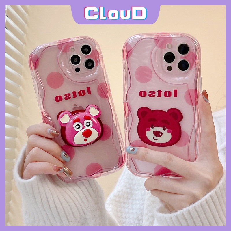 IPHONE Soft Case Beruang Strawberry Lucu Kompatibel Untuk Iphone11 13 14 12 Pro Max7 8 6s 6 Plus X XR XS Max SE 2020 Titik Kartun Manyo 3D Wavy Curved Edge Wave Glossy Cover