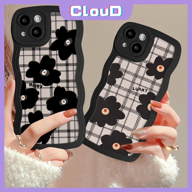 IPHONE Casing Ponsel Motif Bunga Tepi Bergelombang Kompatibel Untuk Iphone11 13 14 12 Pro Max X XR 7 8 14 6 6s Plus 7Plus XS Max SE 2020 Motif Kotak-Kotak Retro Bunga Hitam Lembut Tpu Penutup Belakang