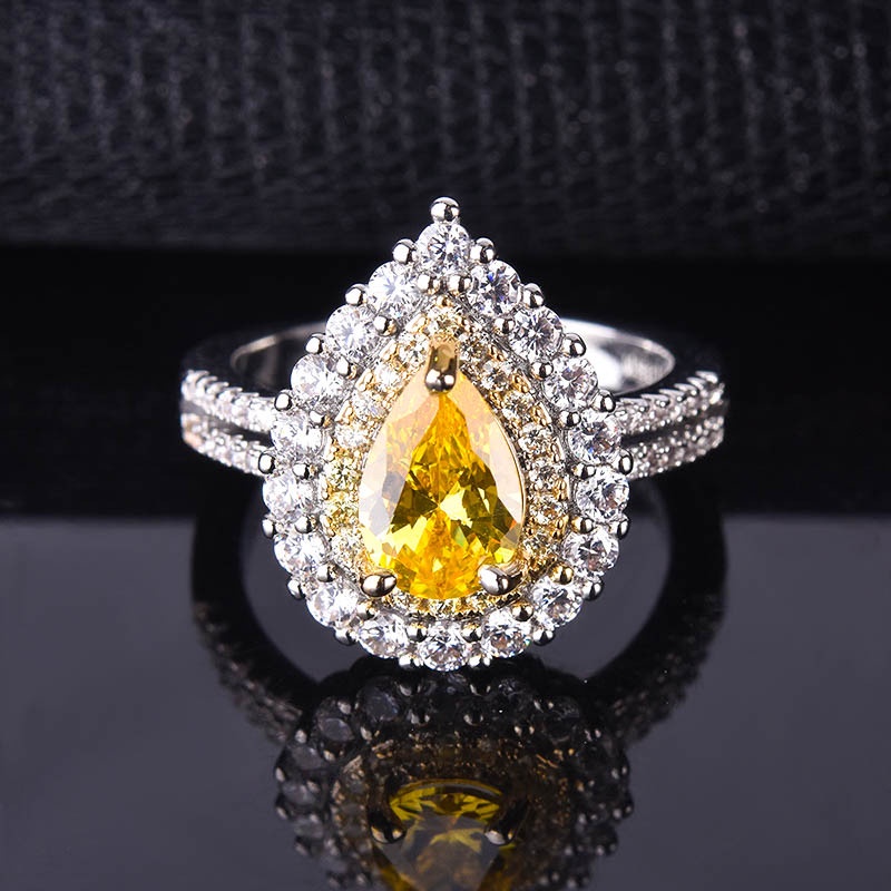 Goldkingdom Aksesoris Perhiasan Fashion Ready Stock Water Drop Pear Shaped Yellow Crystal Ring Full of Diamond Engagement Ring Female