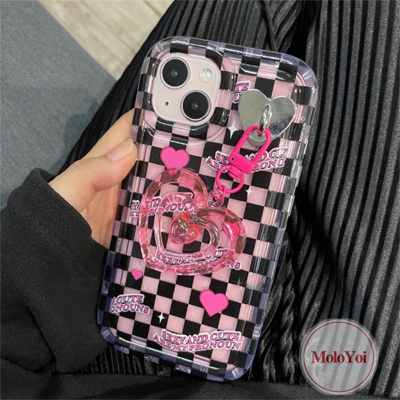 3d Cinta Hati Liontin Case Kompatibel Untuk IPhone 7Plus XR 11 14 13 12 Pro MAX 6 6S Plus X XS MAX Kawaii Korea Lucu Kotak-Kotak Kisi Shockproof Bening Lembut TPU Airbag Penutup Belakang