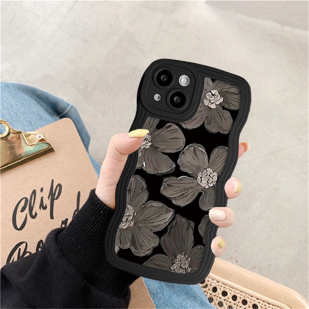 IPHONE Casing Bunga Tepi Bergelombang Kompatibel Untuk Iphone7 14 8 6 6s Plus 11 14 12 13 Pro Max X 7Plus XR XS Max SE 2020 Lukisan Minyak Keberuntungan Tulip Bunga Biru Soft Tpu Phone Cover BY