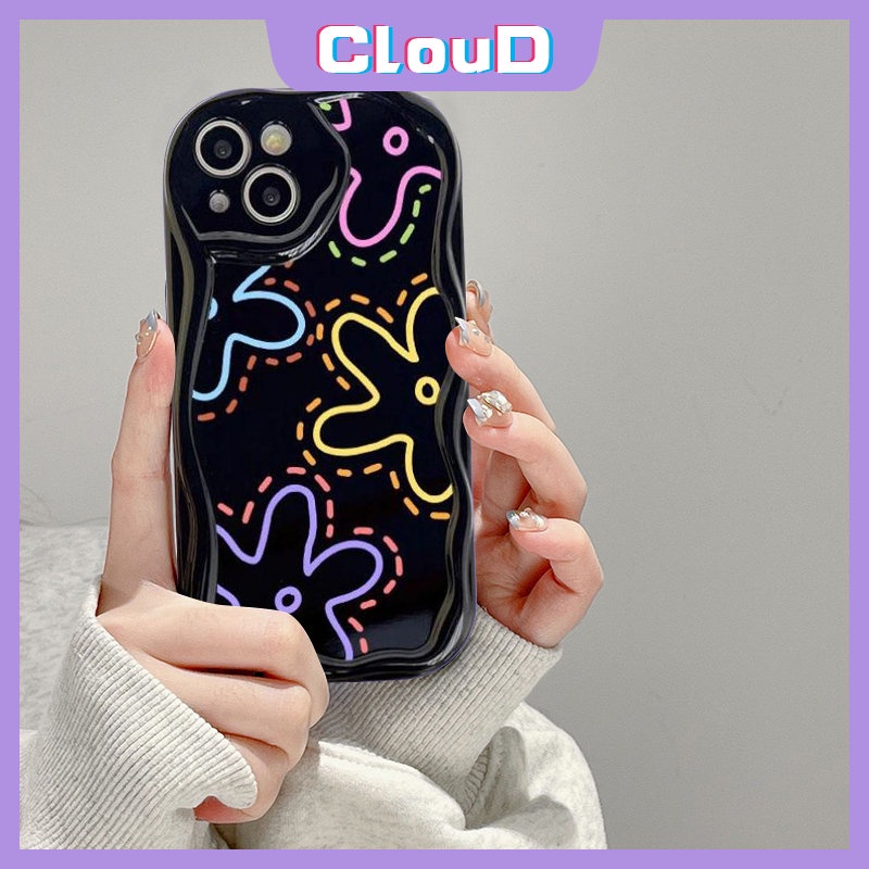 3d Wavy Curved Edge Shockproof Glossy Floral Phone Case Kompatibel Untuk iPhone 7Plus XR X11 14 12 13 Pro Max 6s 6 7 8 Plus XS Max SE 2020 Fashion Garis Sederhana Bunga Soft Cover