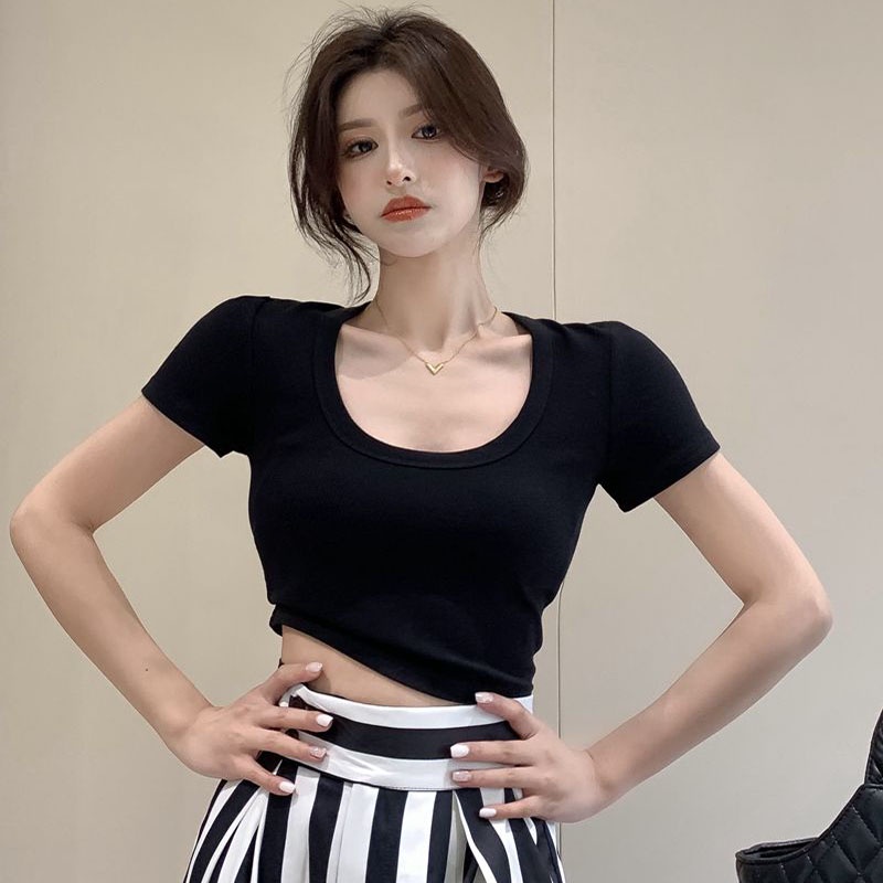 Wanita Korea Baru Slim T-Shirt Top Crop Lengan Pendek