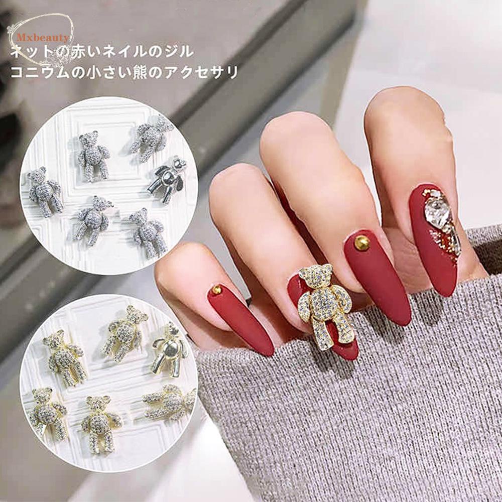 Mxbeauty 3D Kuku Rhinestones Emas Rose Gold Mewah Zirkon Shiny Kristal Beruang Kuku Perhiasan