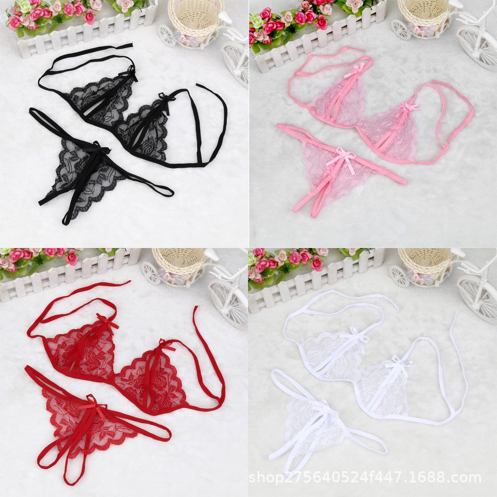 Lingerie Bra Set Renda Bunga Motif Pita Pakaian Dalam Wanita Korea Bahan Lace G-String Transparant Women Bra sexy