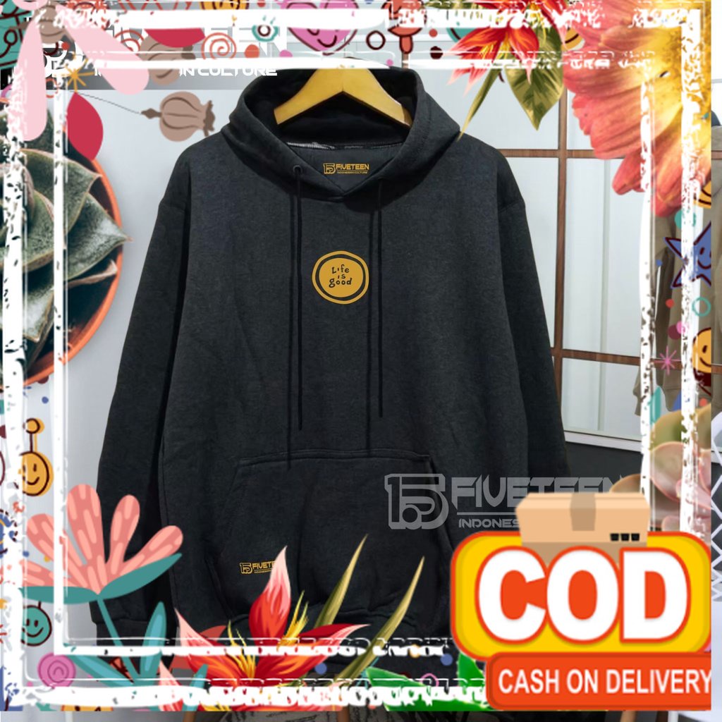 jaket distro original brand 15fifteen15 warna abu tua list sablon life is good hoodie cowok distro o