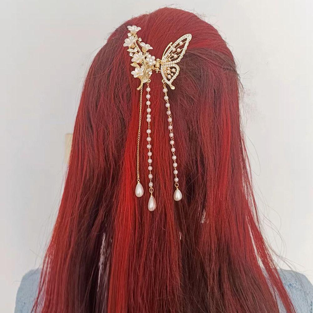 Needway  Kupu-Kupu Rambut Cakar Lucu Pesta Hiasan Kepala Bergaya Mutiara Rambut Kepiting Klip Rambut Klip Rumbai Ponytail Holder Besar Hairgrips