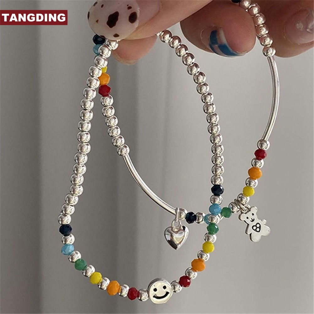 Korea Lucu Beruang Smiley Face Liontin Gelang Pelangi Warna-Warni Manik-Manik Bracelets Jewelry