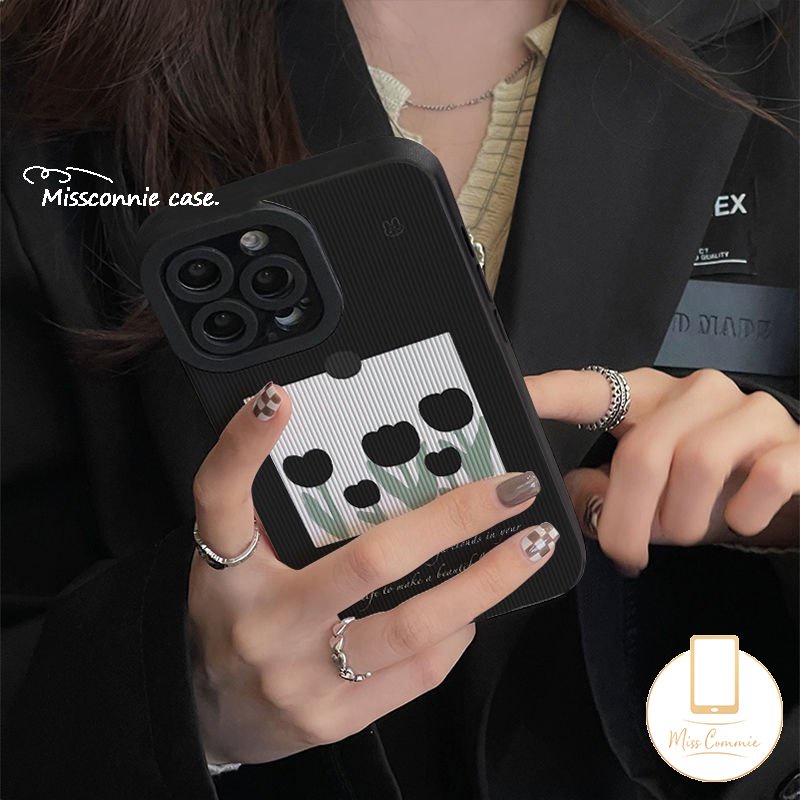 IPHONE Casing Ponsel Motif Bunga Tekstur Kulit Mewah Kompatibel Untuk Iphone11 14 12 13 Pro MAX 7Plus 8Plus XR X XS Max7 8 Plus Tulip Bunga Vintage Sederhana Tahan Guncangan Soft Cover