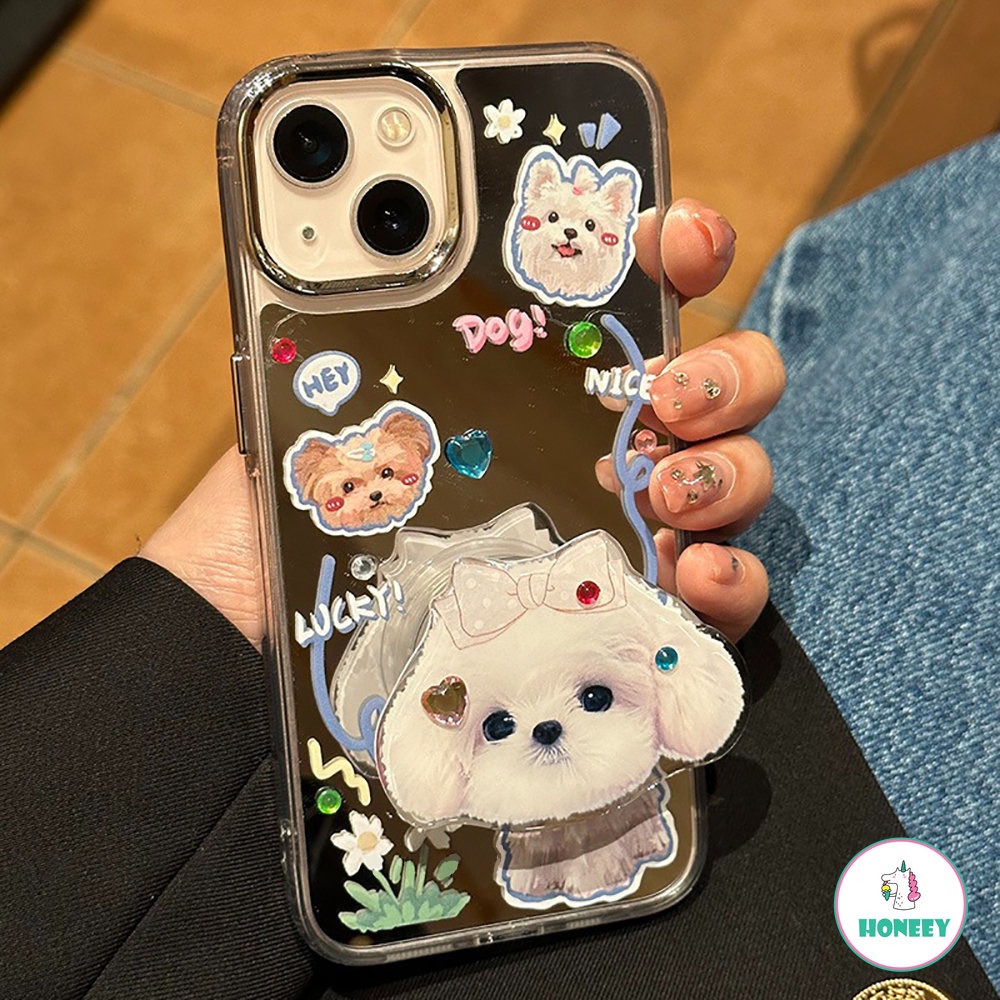 IPHONE Casing Ponsel Cermin Puppy Bunga Lucu Kompatibel Untuk Iphone11 12 13 14 Pro Max Shockproof Handphone Back Cover