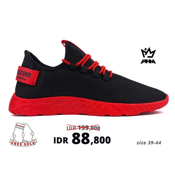 (COD) PHM Shoes Sepatu Pria Sneakers Import Sepatu Olahraga Kasual PHM103 - Hitam Merah, 39